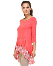 Urban Love 3/4 Sleeve Hi-Low Top with Lace Hem Detail