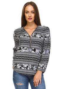 Marcelle Margaux Long Sleeve Printed Top with Front Zipper -  - 1