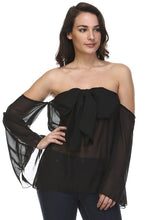 Women's Solid Black Cold Shoulder Bow Front Top