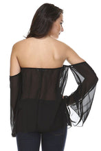 Women's Solid Black Cold Shoulder Bow Front Top