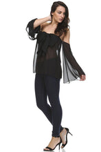 Women's Solid Black Cold Shoulder Bow Front Top