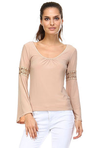 Women's Long Sleeve Knit Top with Crochet Sleeve Detail