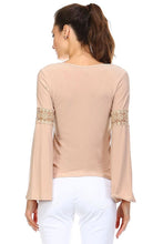 Women's Long Sleeve Knit Top with Crochet Sleeve Detail