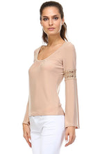 Women's Long Sleeve Knit Top with Crochet Sleeve Detail