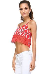 Women's Printed Halter Crop Top with Crochet Trim