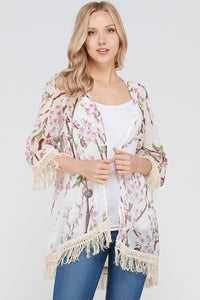 Women's 3/4 Sleeve Floral Printed Fringe Cardigan