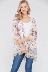 Women's 3/4 Sleeve Floral Printed Fringe Cardigan