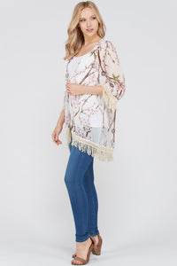 Women's 3/4 Sleeve Floral Printed Fringe Cardigan