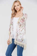 Women's 3/4 Sleeve Floral Printed Fringe Cardigan