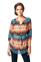 Women's Brown & Teal Geo Stripe Belted Top