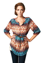 Women's Brown & Teal Geo Stripe Belted Top