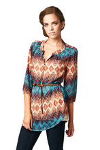 Women's Brown & Teal Geo Stripe Belted Top