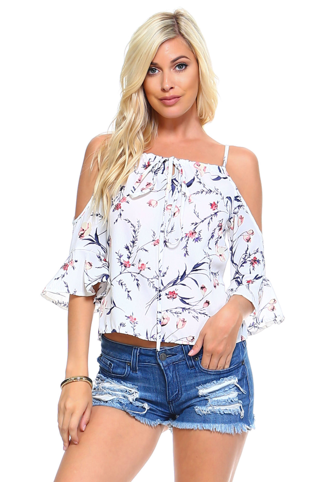 Women's Floral Tie Cold Shoulder Top