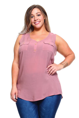 Women's Plus Size Sleeveless Button Pocket Top