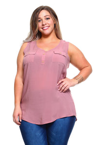 Women's Plus Size Sleeveless Button Pocket Top