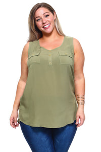 Women's Plus Size Sleeveless Button Pocket Top