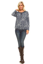 Women's Long Sleeve Navy Printed Peasant Top