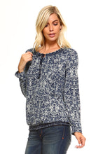 Women's Long Sleeve Navy Printed Peasant Top