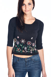 Bonnie & Bill Floral Embroidered Tie-Back Crop Sweater