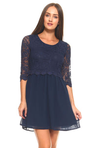 Women's 3/4 Three Quarter Sleeved Lace Bodice Dress