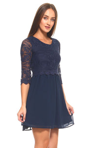 Women's 3/4 Three Quarter Sleeved Lace Bodice Dress