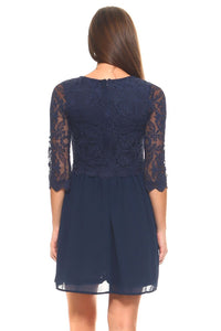 Women's 3/4 Three Quarter Sleeved Lace Bodice Dress