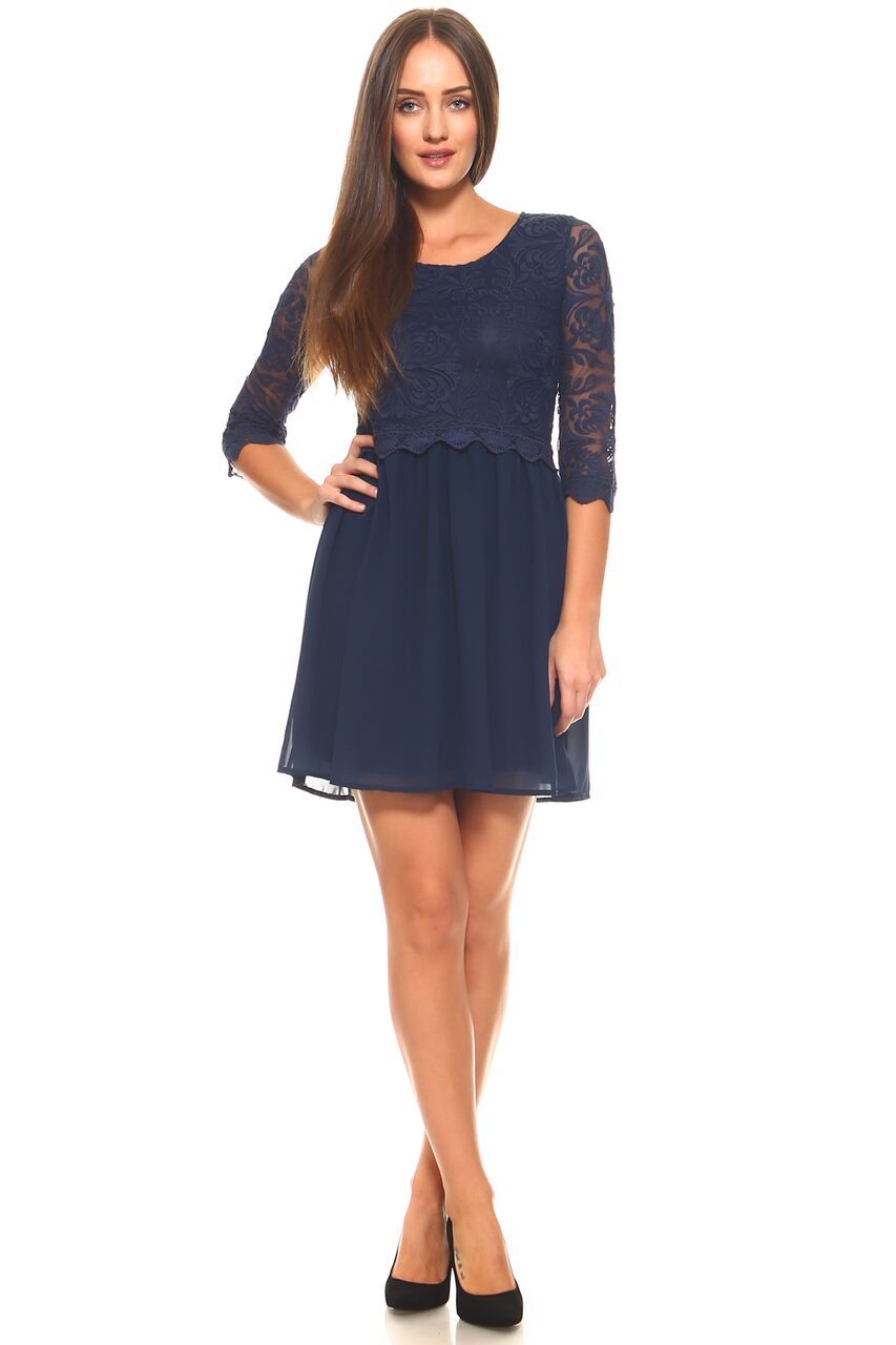 Women's 3/4 Three Quarter Sleeved Lace Bodice Dress