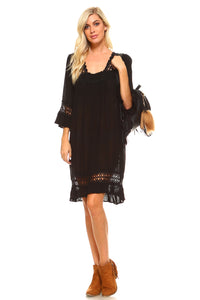 Women's 3/4 Three Quarter Sleeved Crochet Tunic Dress