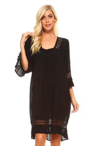 Women's 3/4 Three Quarter Sleeved Crochet Tunic Dress