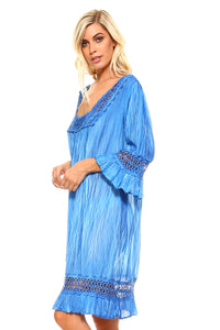 Women's 3/4 Three Quarter Sleeved Crochet Tunic Dress