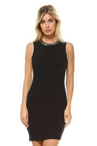 Women's Beaded Neckline Fitted Dress with Back Cut Out Detail