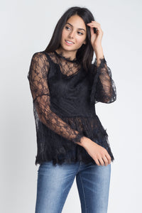 Women's Semi Lace Zipper Back Flare Sleeve Blouse