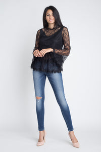 Women's Semi Lace Zipper Back Flare Sleeve Blouse