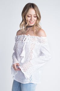 Women's Lace Off Shoulder Bell Sleeve Tie Top