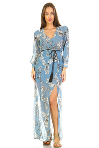 Women's Long Sleeve V-Neck Floral Belted Maxi with Side Slit