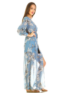 Women's Long Sleeve V-Neck Floral Belted Maxi with Side Slit