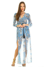 Women's Long Sleeve V-Neck Floral Belted Maxi with Side Slit