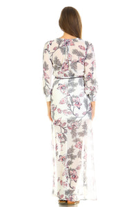 Women's Long Sleeve V-Neck Floral Belted Maxi with Side Slit