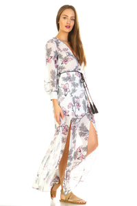 Women's Long Sleeve V-Neck Floral Belted Maxi with Side Slit