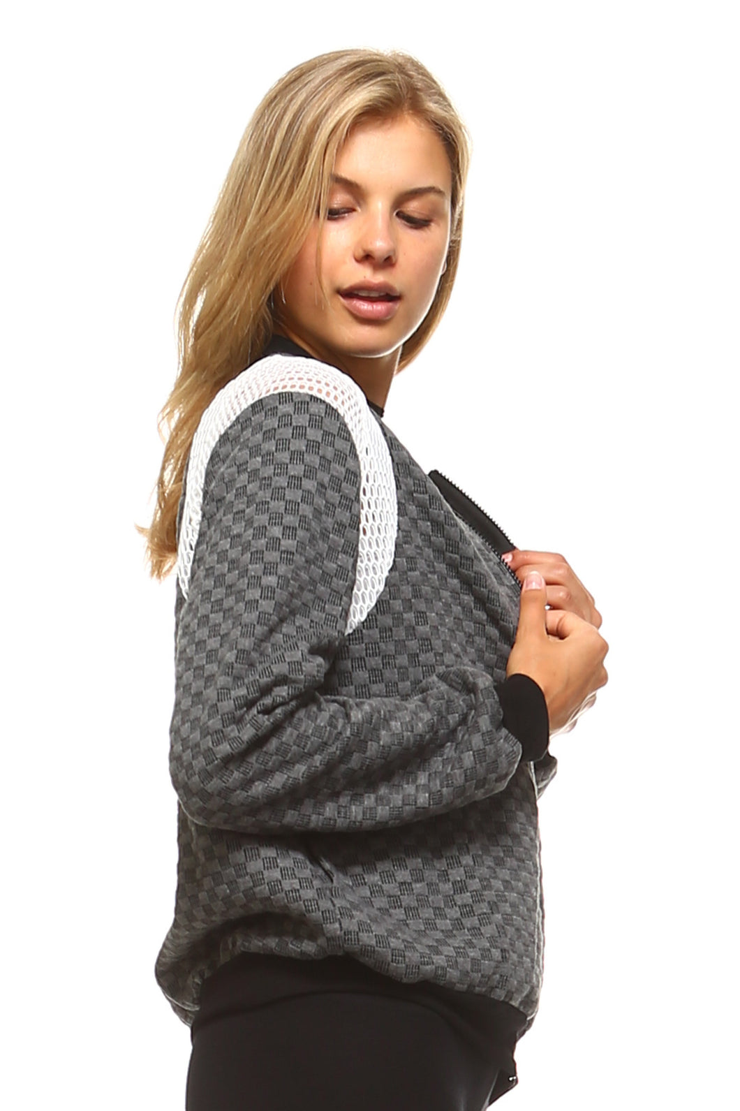 Women's Checkered Mesh Detail Bomber