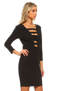 Women's 3/4 Three Quarter Sleeved Bodycon Dress with Cutout Chest