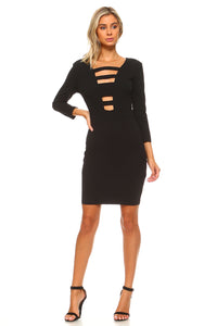 Women's 3/4 Three Quarter Sleeved Bodycon Dress with Cutout Chest