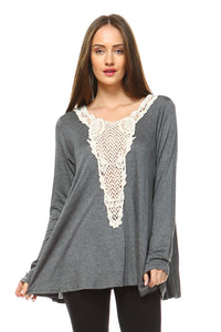 Women's Long Sleeve Boho Top with Crochet Detail