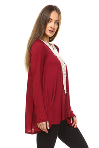 Women's Long Sleeve Boho Top with Crochet Detail