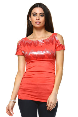 Women's Sequin Cut Out Shoulder Top