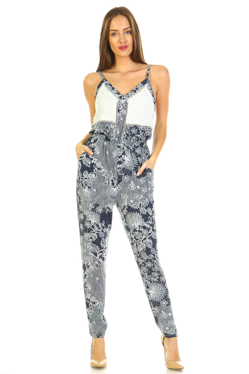 Women's Printed V-Neck Jumpsuit with Lace Detail