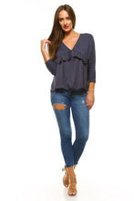 Women's 3/4 Three Quarter Sleeve Ruffled V-neck Top