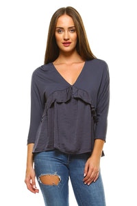 Women's 3/4 Three Quarter Sleeve Ruffled V-neck Top