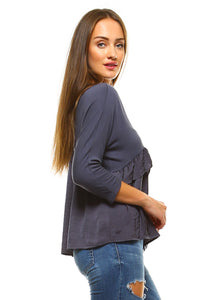 Women's 3/4 Three Quarter Sleeve Ruffled V-neck Top