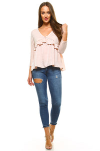 Women's 3/4 Three Quarter Sleeve Ruffled V-neck Top